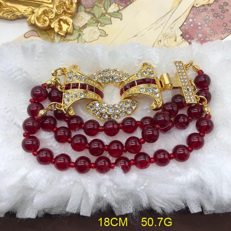 Retro Pomegranate Red Glass Bead Layered Sweater Chain & Rhinestone Necklace Bracelet Set