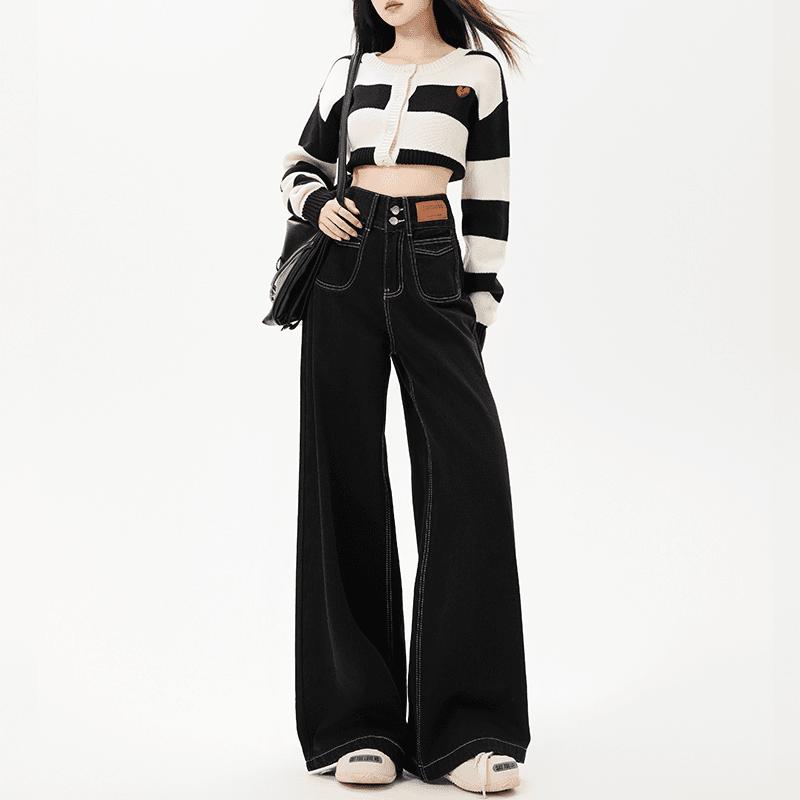 Plus Fleece Thicken Straight Comfortable High Street Wide Leg Women Autumn Winter Comfortable Pocket High Waist All-match Jeans