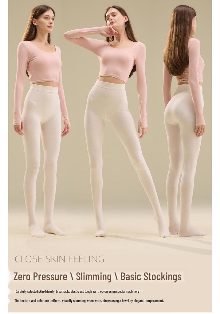 1913 Smoky Grey High-Waist Stretch Cotton Stripe Footless Tights - Comfortable, No-Sag, Perfect for Women in Autumn/Winter.