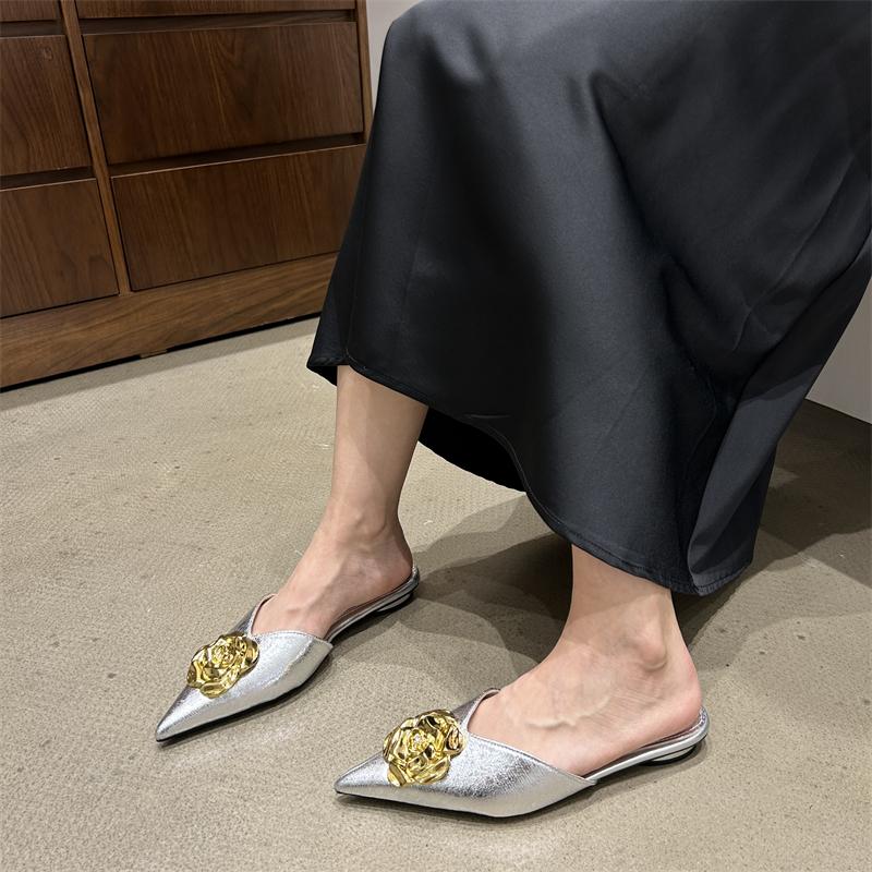 Sexy Pointed Toe Women Mules 2024 Summer New Elegant Floral Design Modern Slippers Fashionable Shallow Mouth Women's Slippers