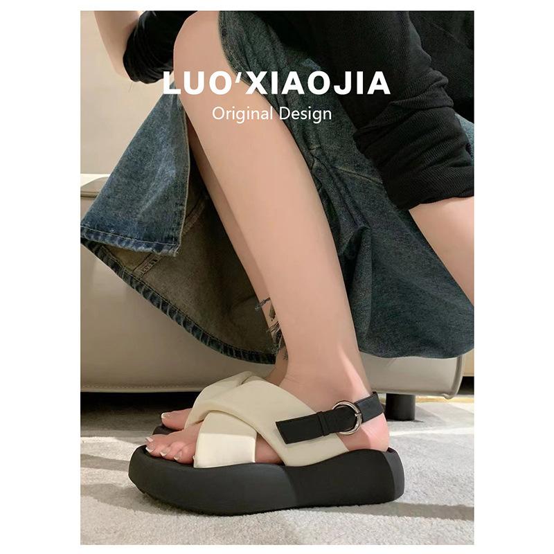 Sheepskin bread sandals women's summer leather shoes heightened thick soles crossed with clouds bubbles casual versatile Rome