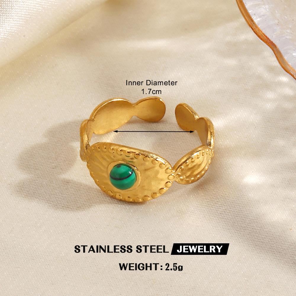 Stainless Steel Green Stone Rings for Women Men Vintage Geometric Metal Heart-Shaped Leaf Circular Open Ring Party Jewelry Gifts