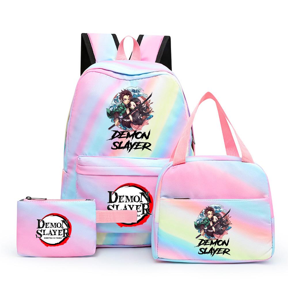 3Pcs/set Cartoon Demon Slayer Printed Backpack with Lunch Bag Pencil Case for Teenager Girl Boy Large Capacity Waterproof Bookbag Gift Mochila
