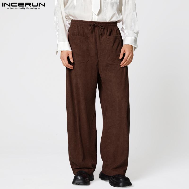 INCERUN Men Drawstring Elastic Waist Texture Pockets Casual Long Pants Trousers