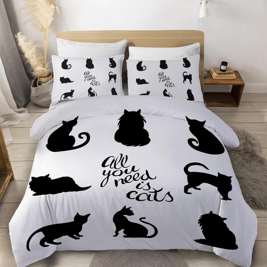 Witch Black Cat Duvet Cover Set Full,Cat Sitting On Moon Bedding Set Vintage Gothic Animals Cat Comforter Cover 2/3pcs Bed Sets