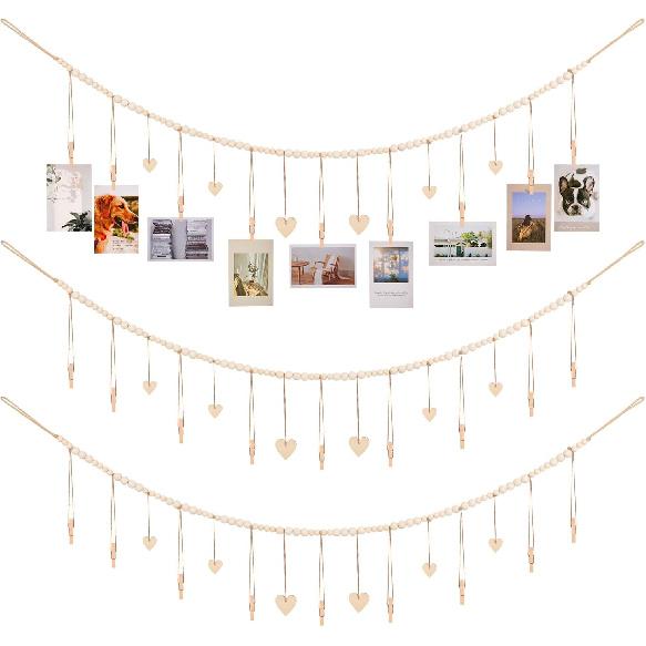 KLOGTSIND Hanging Photo Display with Clips, 9 Wood Clips, Boho Picture Frames Collage Wall Decor, Photo Hanger for Office Cubicle Decor, Kids Art