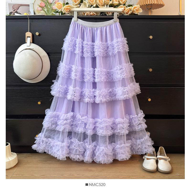 Sweet Style High Waist Ruffled Lace Gauze Maxi Skirt