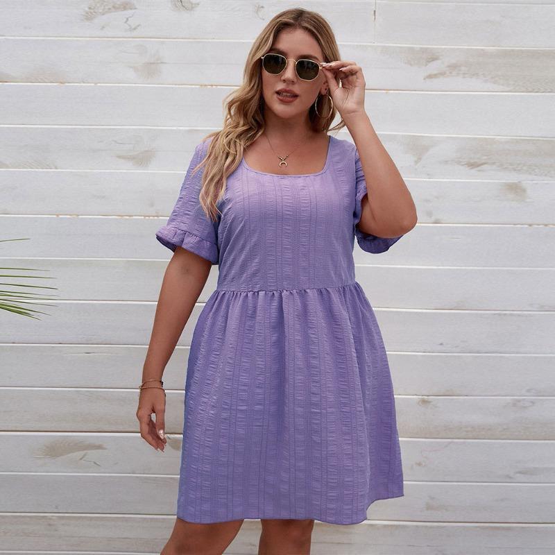 

Летнее женское платье с квадратным воротником и коротким рукавом с высокой талией, элегантное темпераментное модное повседневное вечернее платье размера плюс, тонкое фиолетовое платье 3XL фиолетовый