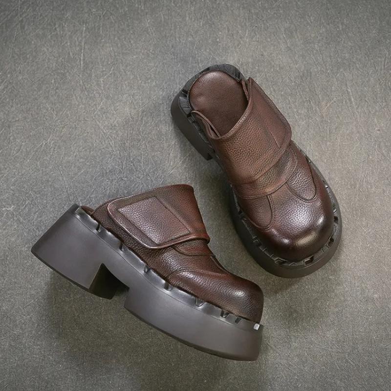 Johnature Retro Genuine Leather Outdoor Slippers Thick Heel Comfortable Slip-on Women's Platform Shoes