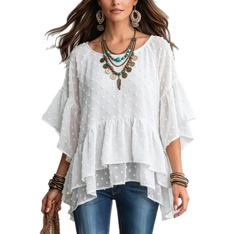 Women S Bohemian Style Chiffon Shirt Loose Round Neck Flared Sleeve Irregular Hem Top