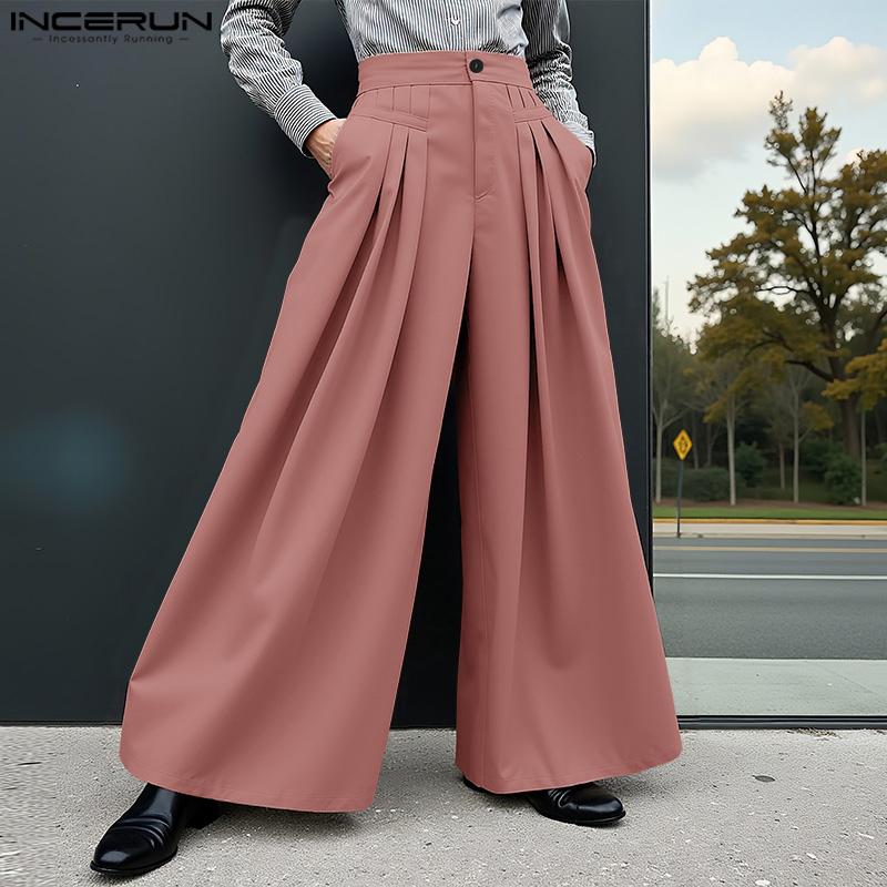 INCERUN Men Ruffled High Waist Trousers Casual Long Wide Legs Pants