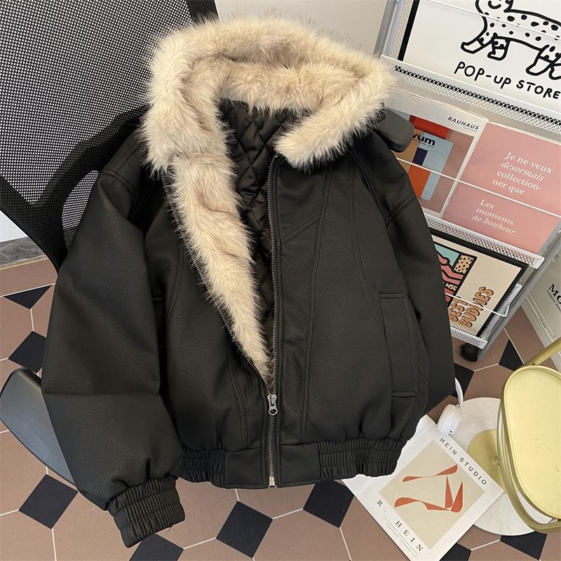 Herren Übergroße Gewaschene Lederjacke mit Pelzkragen und Kapuze Wintermantel