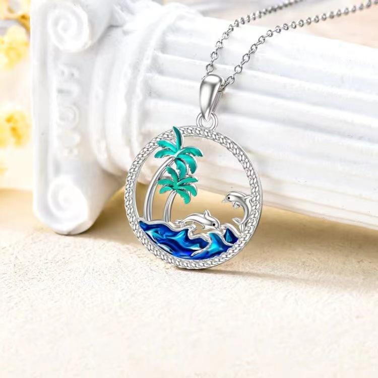 S925 Sterling Silver Summer Breeze Blue Ocean Coconut Pendant Hollowed Out Fashion Design Necklace