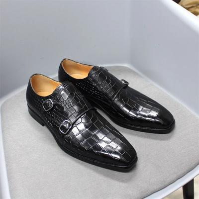 Fashion Men's Big Size 12 Monk Strap Dress Shoes - Genuine Leather Luxury Crocodile Print Double Buckle Pointed Toe Wedding Shoes