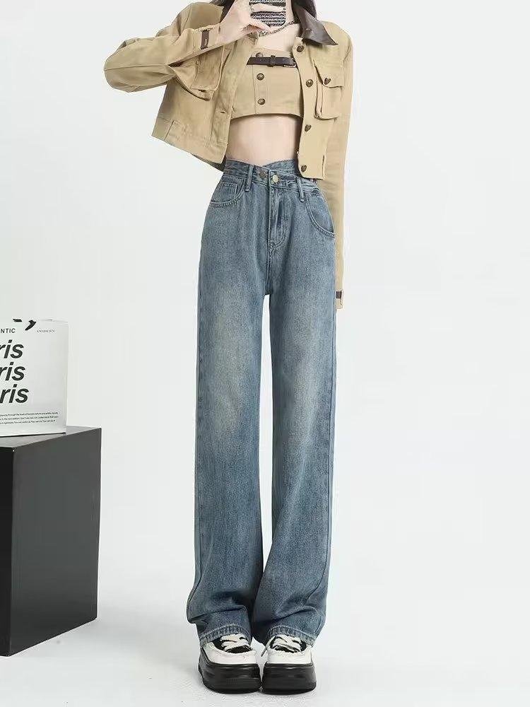 Blue-gray high-waisted wide-leg jeans women's autumn new cross-waisted small loose and versatile straight-leg floor pants
