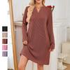 Women's Fall Winter Ribbed Knit Dress Casual Long Sleeve V Neck Mini Dress Loose Pullover Sweater Dress with Pockets