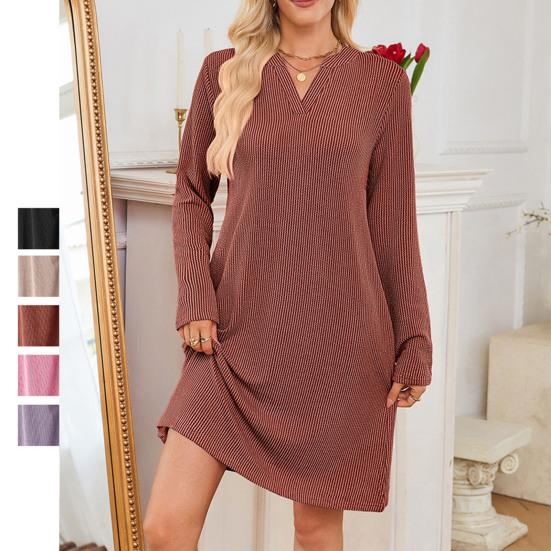 Women's Fall Winter Ribbed Knit Dress Casual Long Sleeve V Neck Mini Dress Loose Pullover Sweater Dress with Pockets