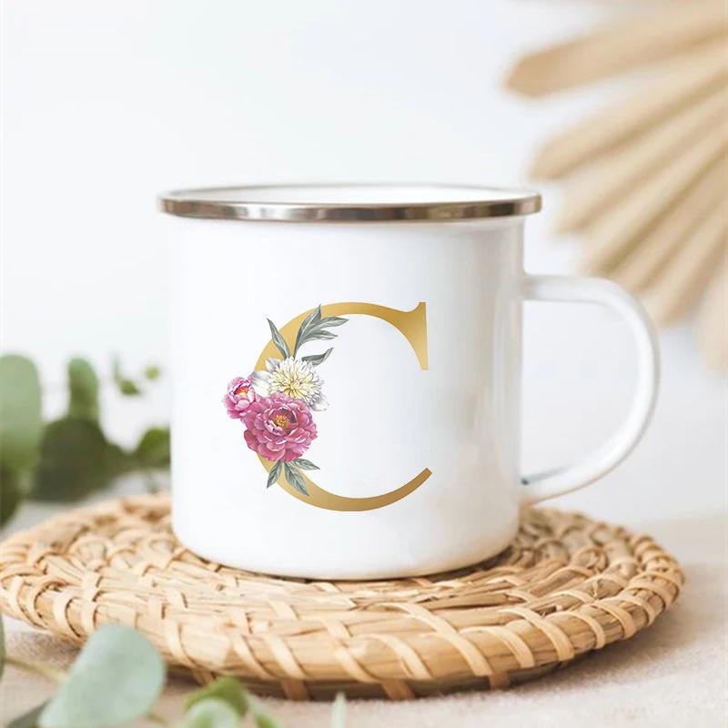 Letter Floral Print Vintage Enamel Mugs Creative Coffee Tea Cup Drink Dessert Milk Cups Handle Drinkware Wedding Bridesmaid Gift