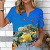 Women Blue Ocean Coconut Palm Beach Print Short Sleeve V Neck Blouse