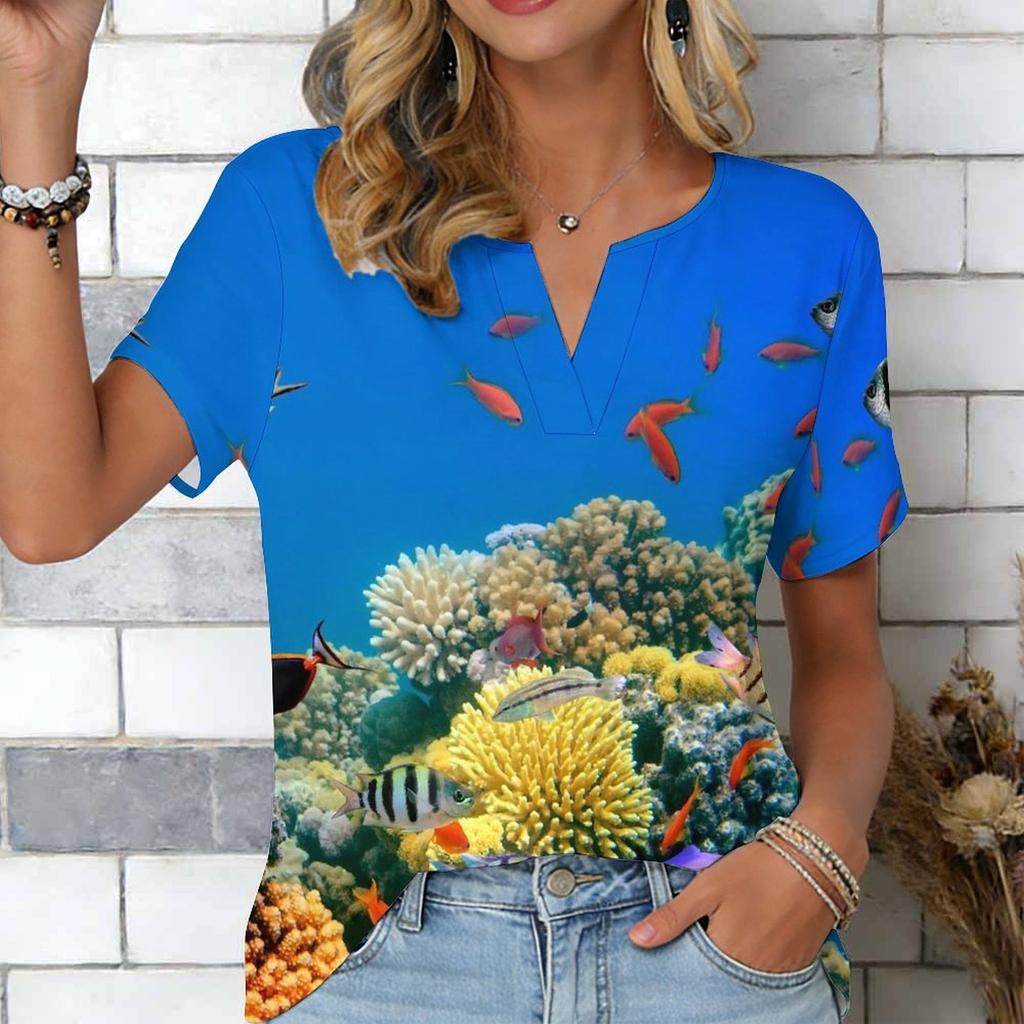 Women Blue Ocean Coconut Palm Beach Print Short Sleeve V Neck Blouse