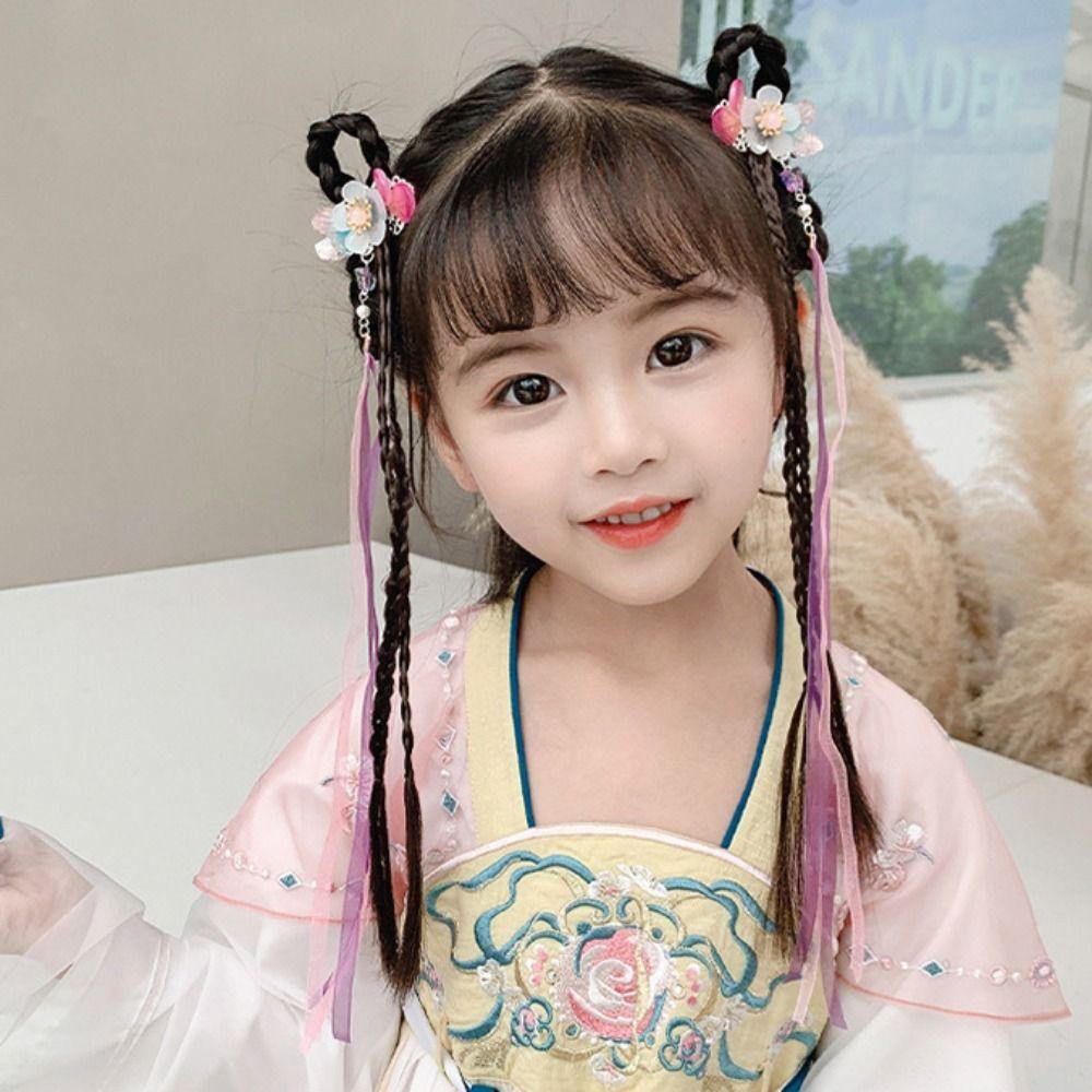 Chinese Style Hair Kids Hanfu Flower Tassel Hairpin Synthetic Braided Wig Princess Hair Band