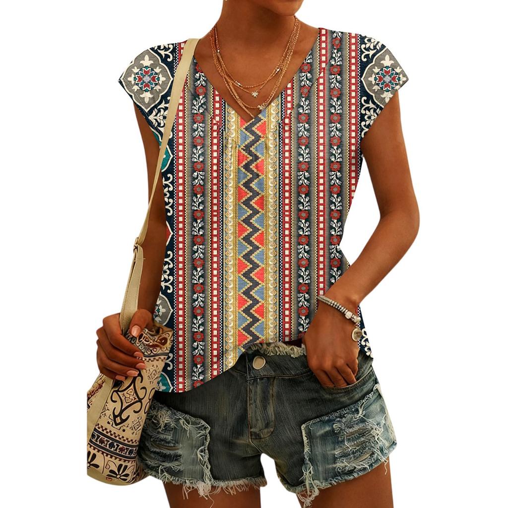 Women's Fashion V-neck Bohemian Print Short Sleeve Top