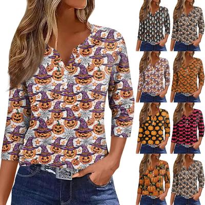 Women's Fashion Casual Halloween Printed V.Neck Short Sleeve Decorative Button Three.quarter Sleeve T-shirt Tor