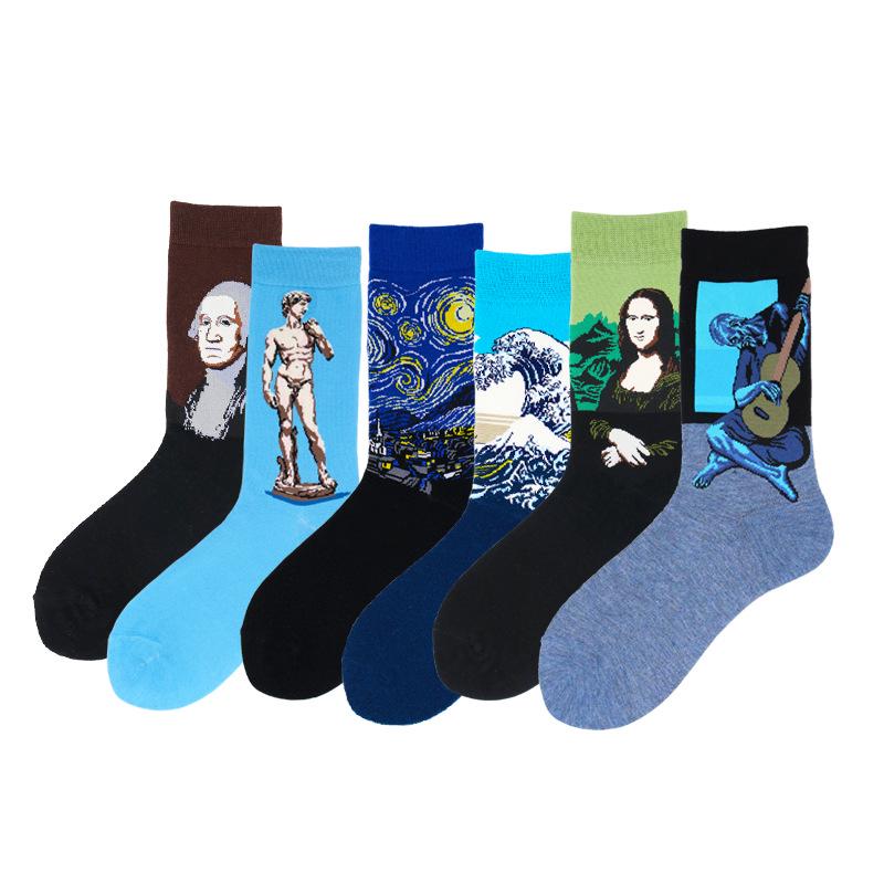 European & American Creative Oil Painting Mid-Calf Socks: Trendy Autumn/Winter High-Tube Cotton Socks