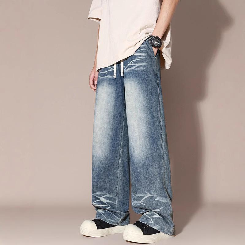 JYL Men's Straight Jeans Plus-Size Four-Season Vintage Gradient Loose Denim