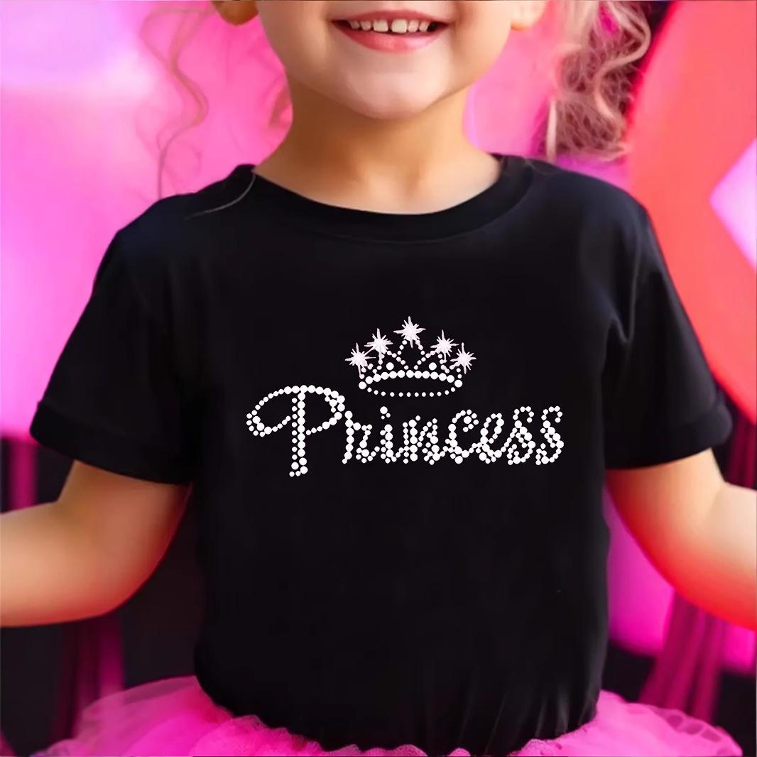 Girls  Casual Princess Letter Pattern T-shirt Summer Children s Fashion Short-Sleeved T-shirt 1-2Y чёрный