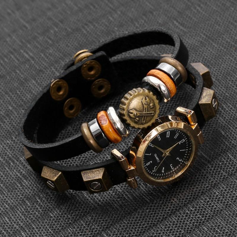 Vintage Punk Mens Leather Watch With Handmade Beaded Band Digital Quartz Wristwatch Adults