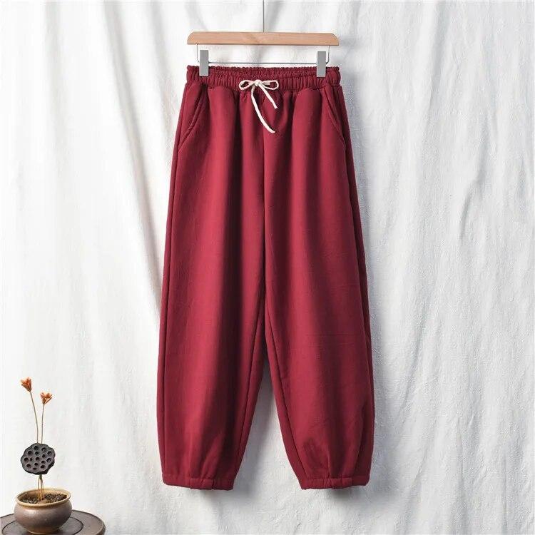 Johnature Women Vintage Cotton Linen Pants Elastic Waist Solid Color Trouser Thick Winter Warm Straight Pants