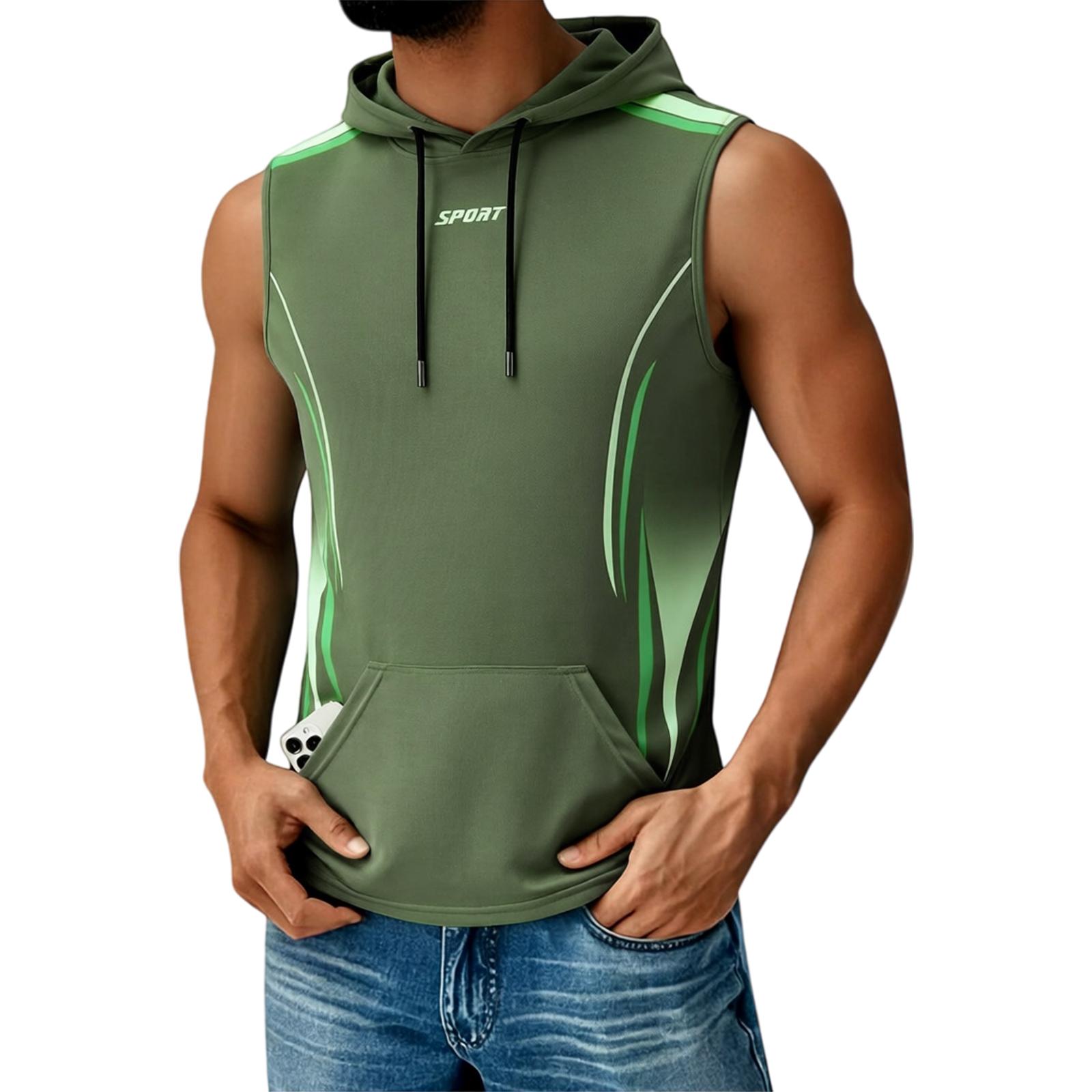 Мужской топ с капюшоном и карманами, мужской повседневный спортивный быстросохнущий топ без рукавов L армия зеленый
