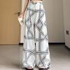 Summer Women Print Chain Cotton And Linen Thin High Waist Wide Leg Pant Trouser With Pocket For Girl
