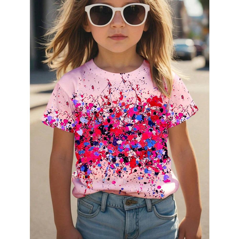 Summer Round Neck 3D Colorful Splash Printed Top Fashionable Casual Short Sleeved Children's Girl T-shirts