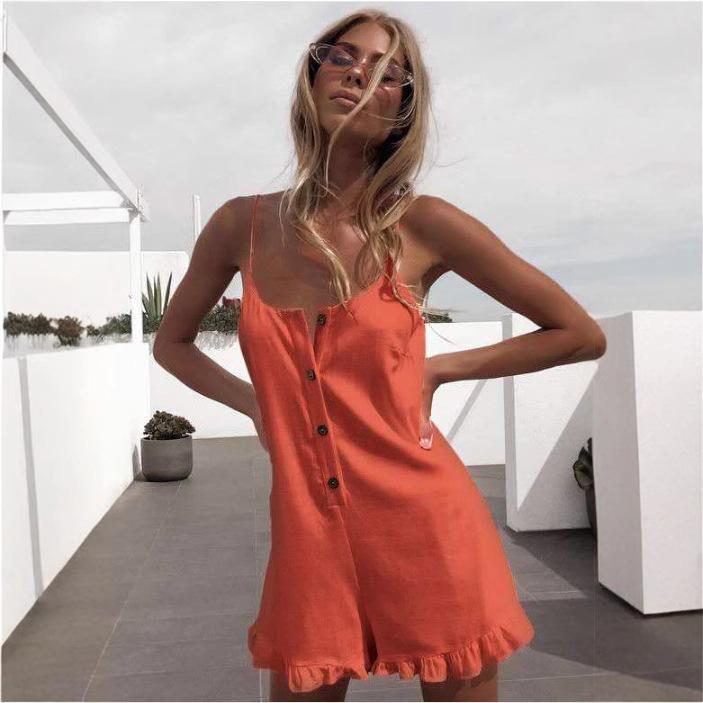 Niedriger Kragen, Knopfleiste, halbe Knopfleiste, weites Bein, Rüschensaum, Sommer-Overall für Damen, einfarbig, Sling-Playsuit