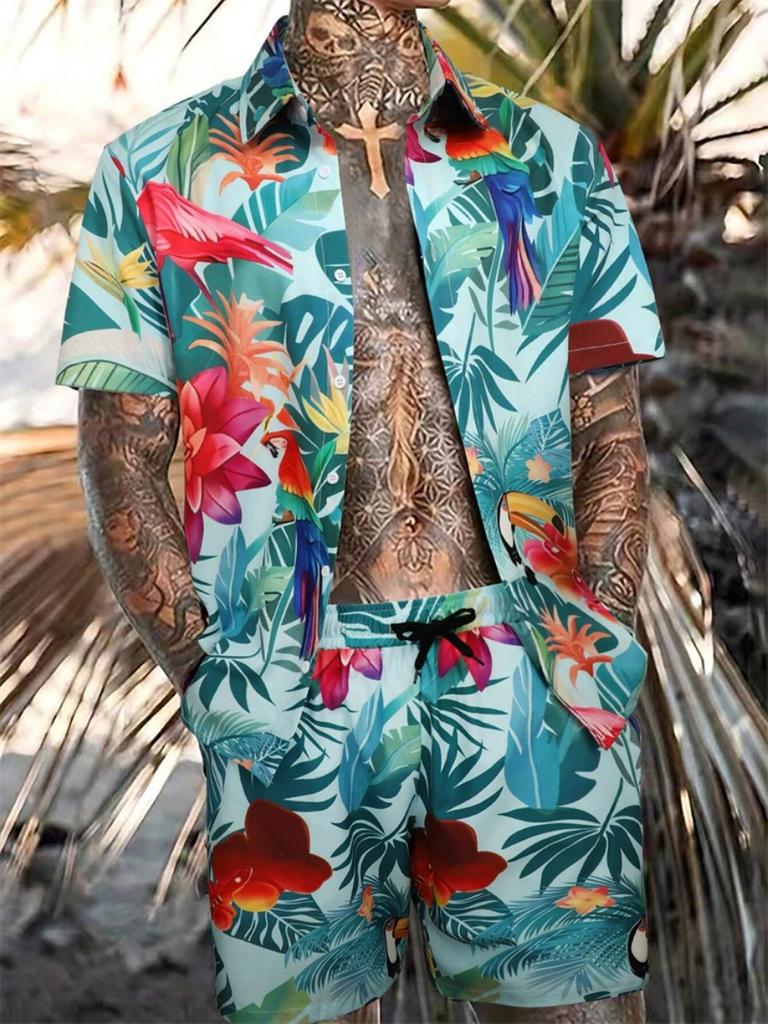 Men's New Hawaiian Short-Sleeved Shirt Shorts Set Summer Daily Travel Shirt Beach Casual Drawstring Shorts Jungle Print Set