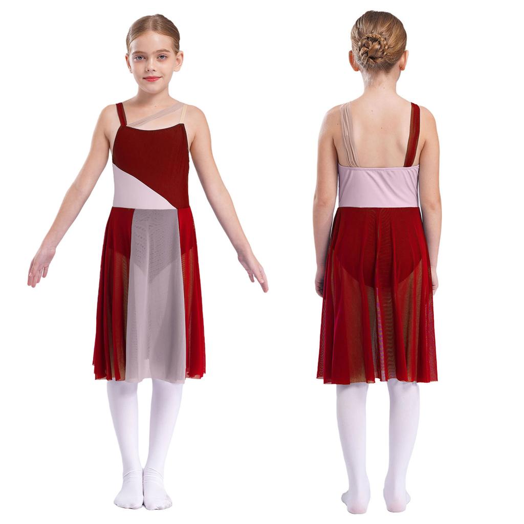 Kids Girls Mesh Overlay Ballet Contemporary Dance Dress Lyrical Leotard Costume Sleeveless Dresses