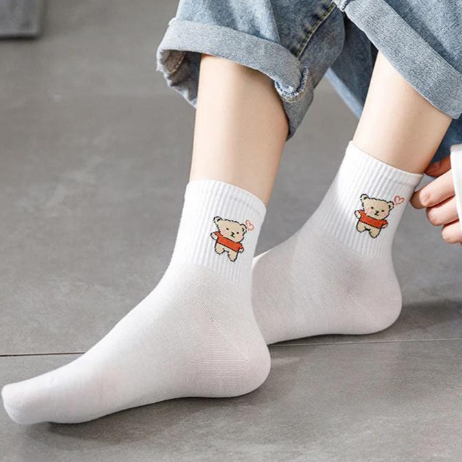 10 Paar Sommersocken für Damen, süße weiße kurze Socken mit japanischem Studenten-Cartoon-Aufdruck