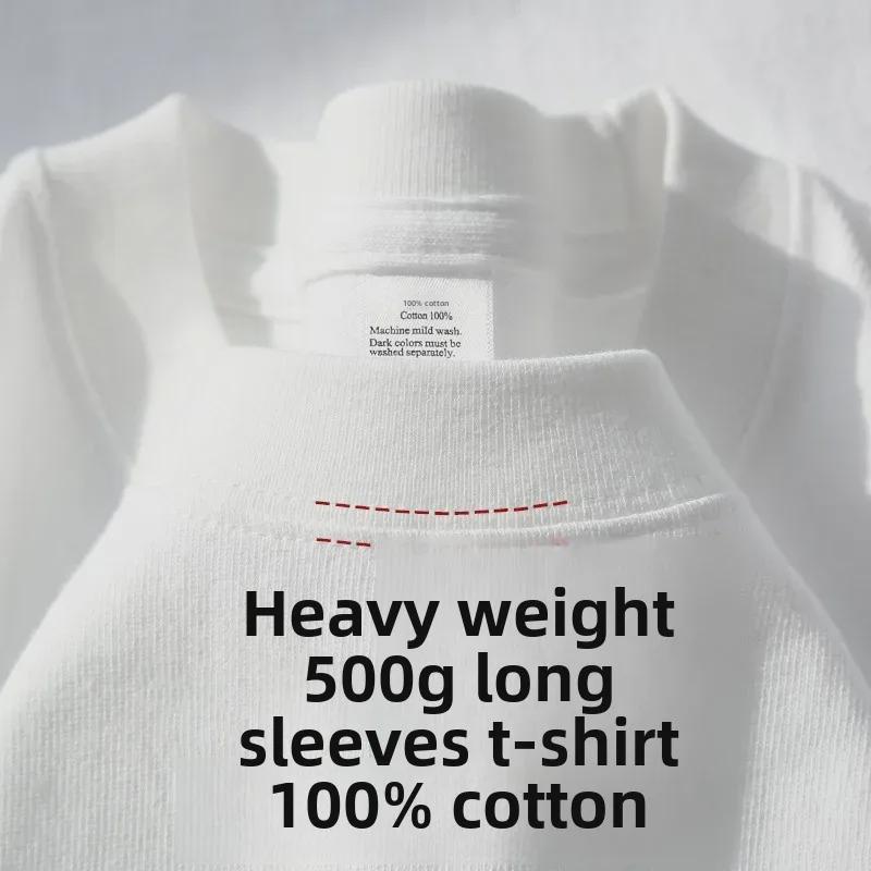 Unisex Solid Color Heavyweight Cotton Long-Sleeve T-Shirt: Non-Transparent, Loose Fit, Small Collar, Ideal for Spring & Autumn.