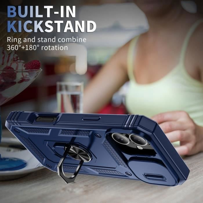 Coque de protection pour iPhone 16 Plus - BOOLING - Rigide - Antichoc - Bleu Marine - Support d'anneau rotatif