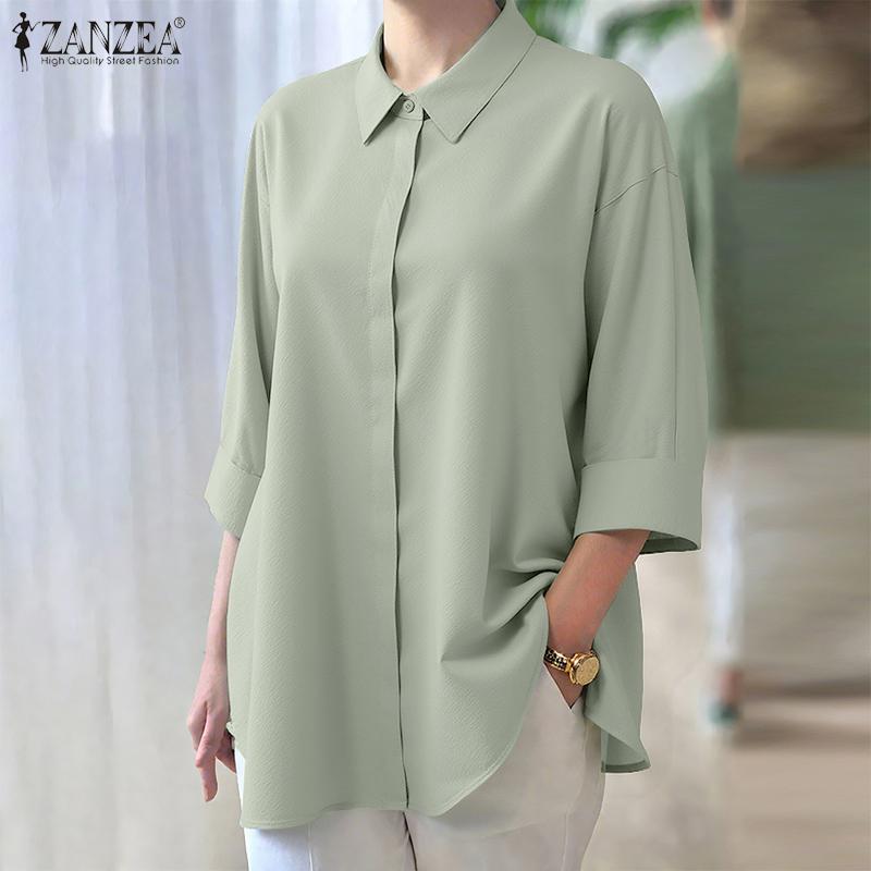 ZANZEA Women Turn Down Collar Loose 3/4 Sleeve Plain Blouse