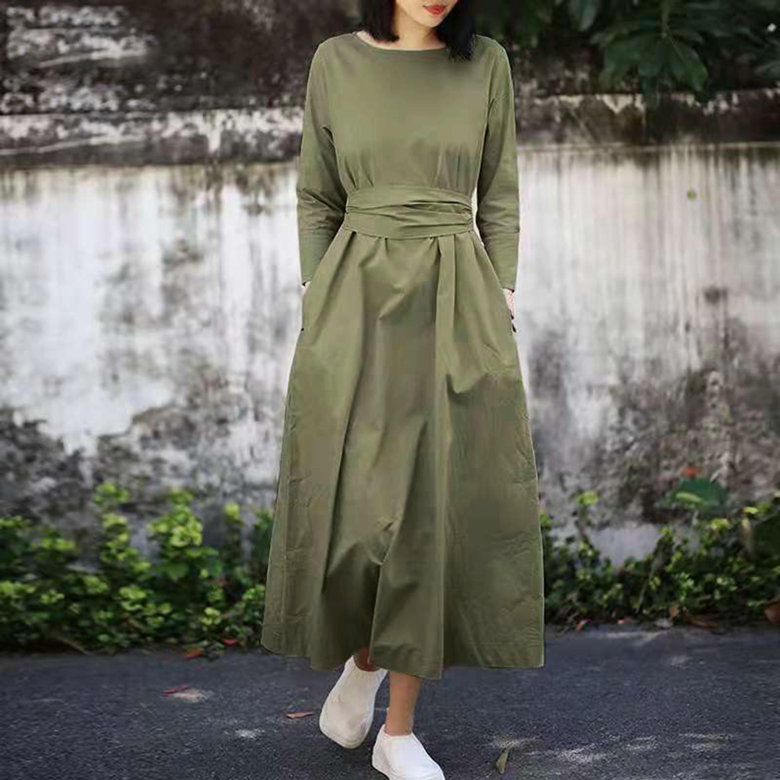 

Женское повседневное свободное платье с круглым вырезом и рукавами три четверти, однотонное платье с завязками L