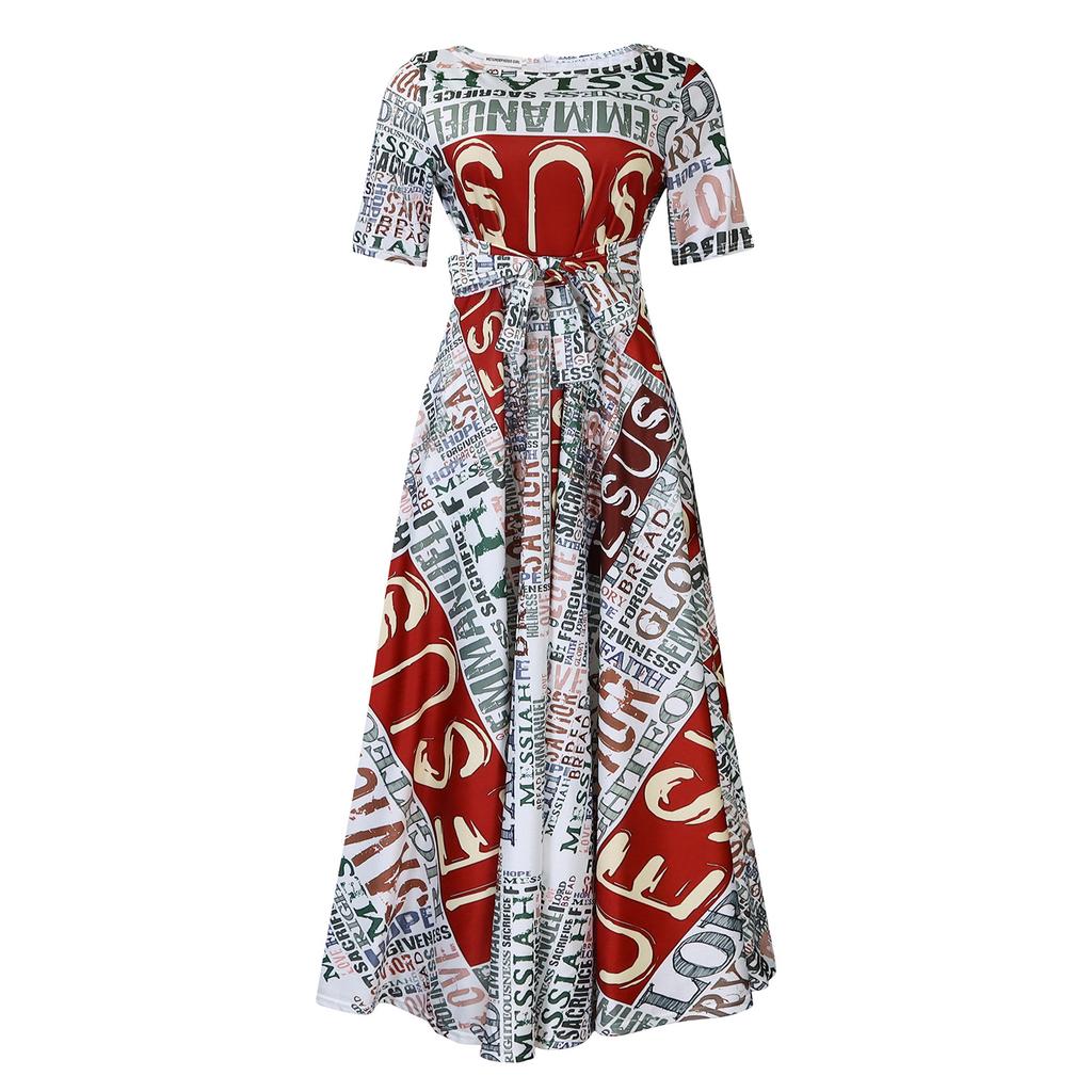 Women Fashion Plus Size Short Sleeve Lace Up Mid Length A Line Dress