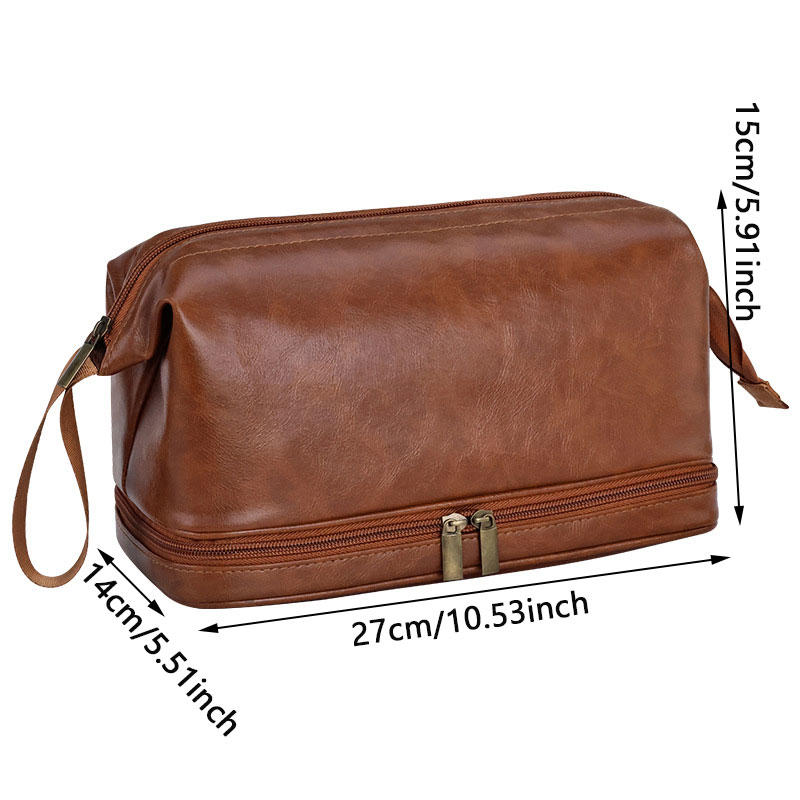 Double-Layered Toiletry Bag for Men Dad Husband Lightweight Leather Travel Shaving Kit Organizer Cosmetic Zipper Pouch