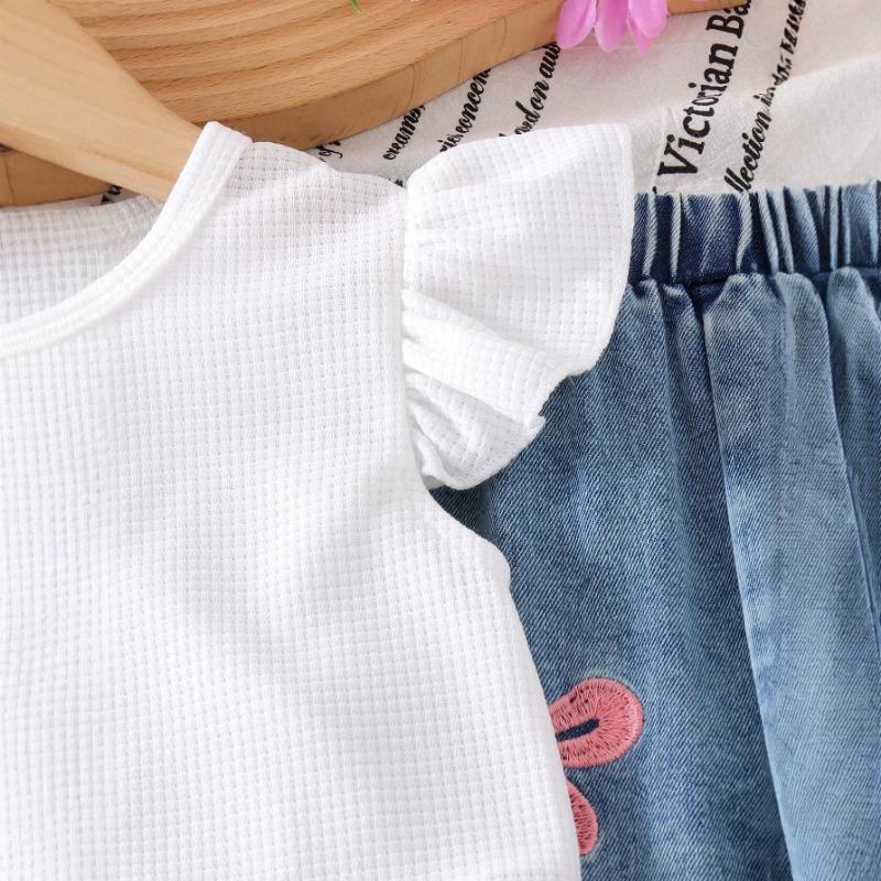 Girls' Fashion Set - Summer Children's Casual Bow Embroidered Denim Pants Set