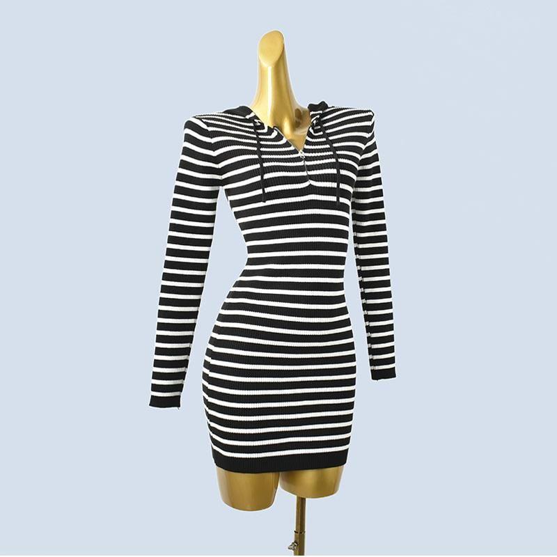 Niche Style Sexy Sexy Fashion Younger Hoodie Zipper Stripes French Style Temperament Hip Bag Dress Autumn and Winter Women