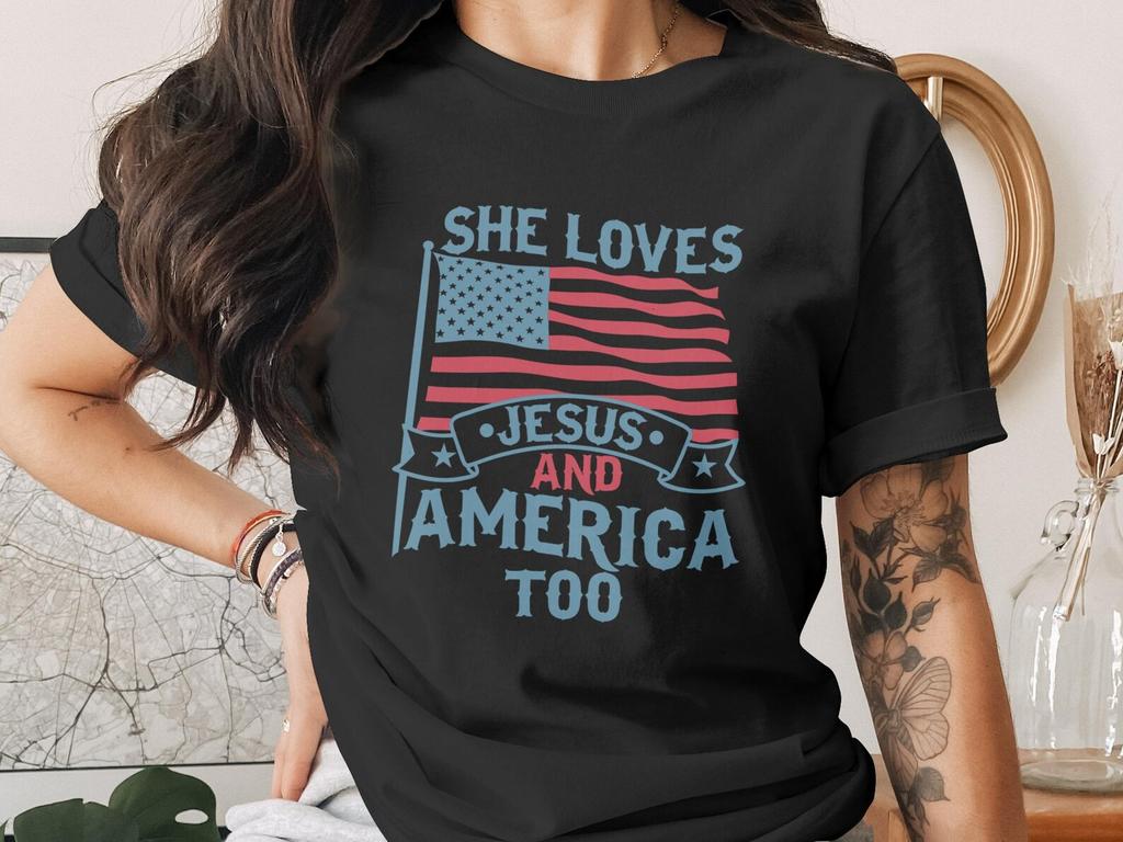 She Loves Jesus And America Too T-Shirt, Patriotic Christian Shirt, Conservative Woman Tee, Faith & Country Gift