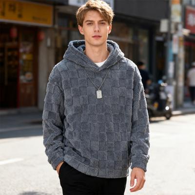 Fall Winter Men Hoodie Solid Color Plaid Loose Casual Hooded Sweatshirt Breathable Thick Warm Plush Long Sleeves Pullover Top