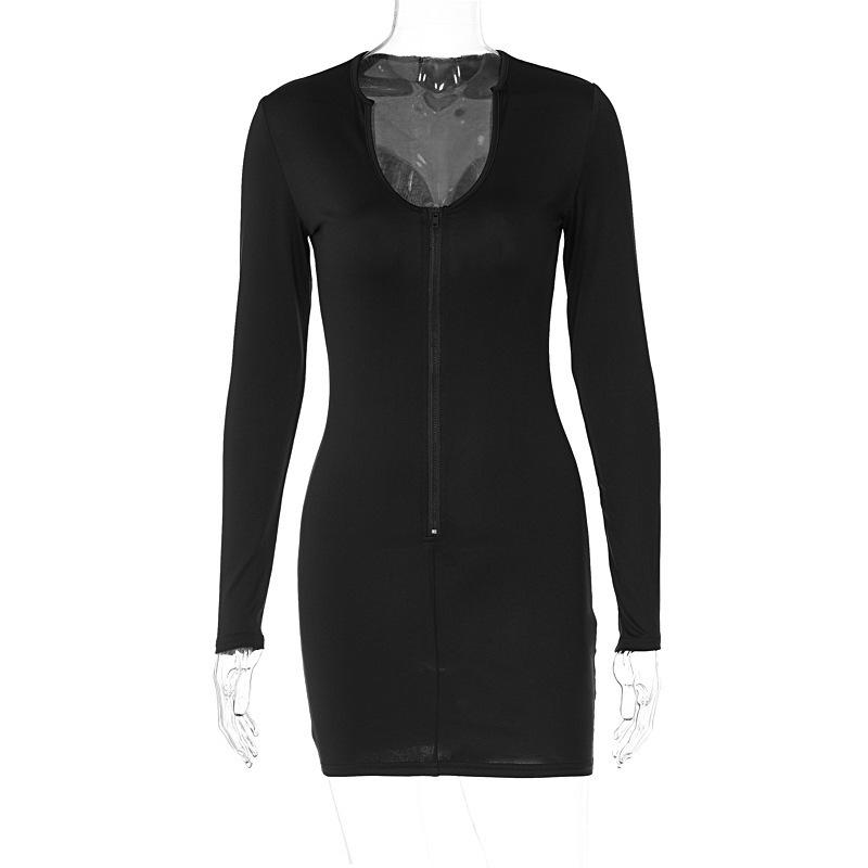 Vestido da moda sexy europeu e americano para mulheres na primavera e verão, com zíper no peito, decote V, mangas compridas, que molda o quadril
